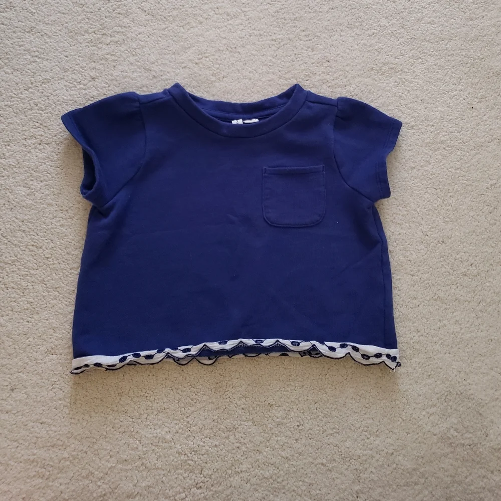 Janie and Jack Girls' Navy French Terry Short Sleeve Shirt With Eyelet Trim sz5